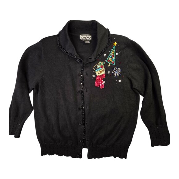 Vintage Berek Cardigan Sweater Womens Large Beaded Sequin Christmas Snowman Tree - Picture 1 of 11